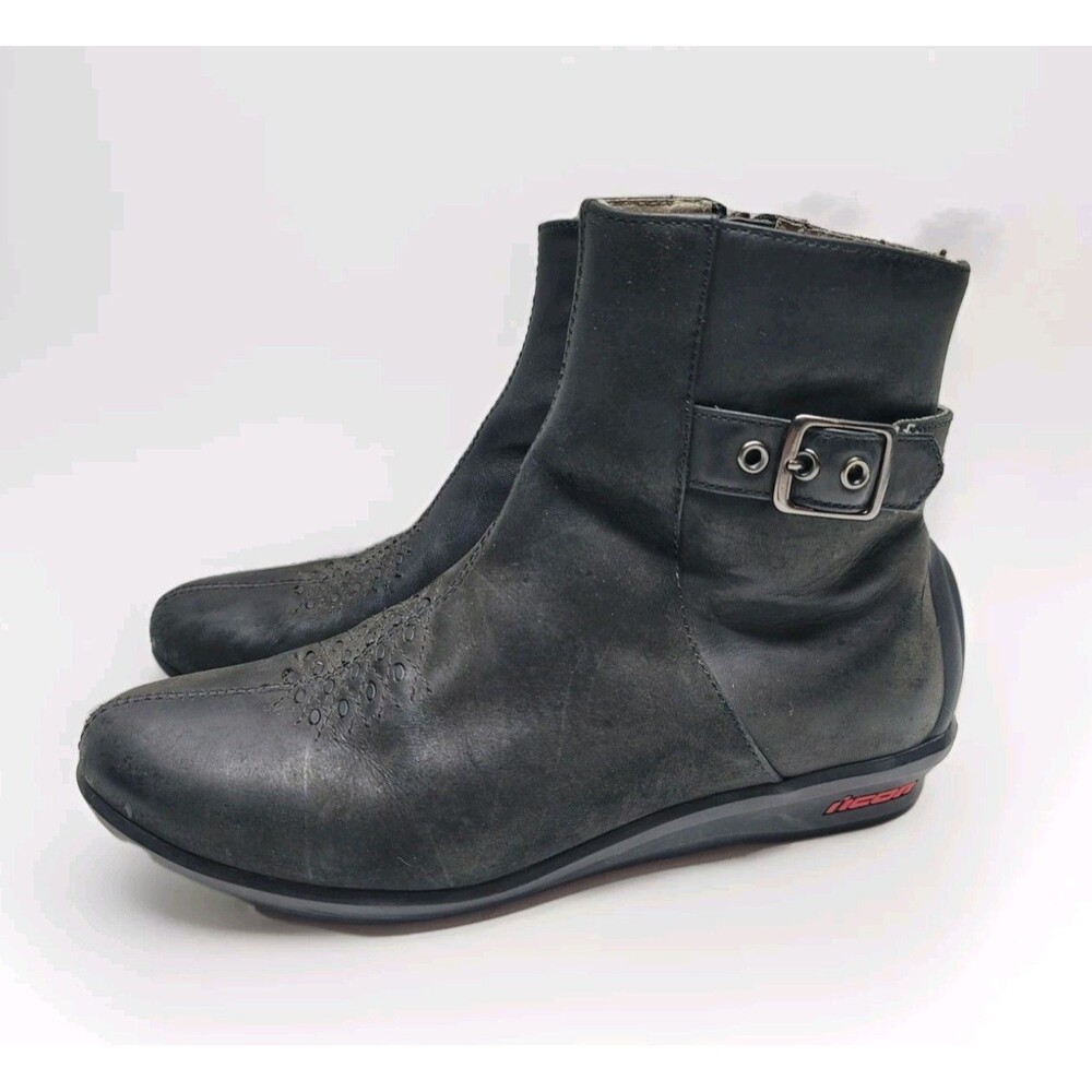 ICON Sacred Women’s 6.5 All Black Leather Motorcycle Riding Boots Buckle Zip Up